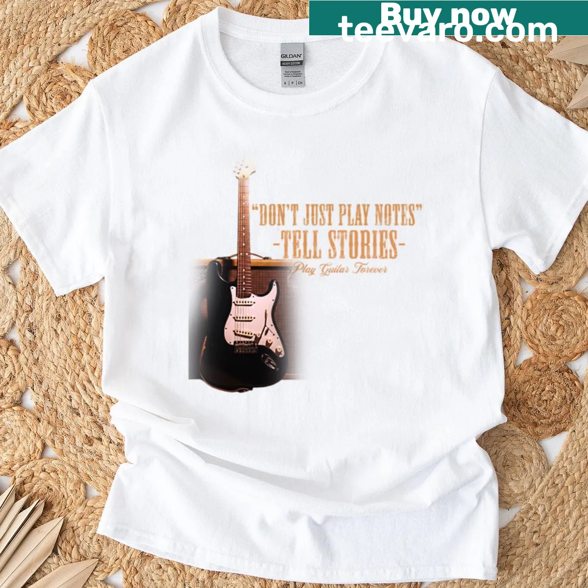 Inspirational T-shirt with 'Don't Just Play Notes--Tell Stories' text — on a men's t-shirt