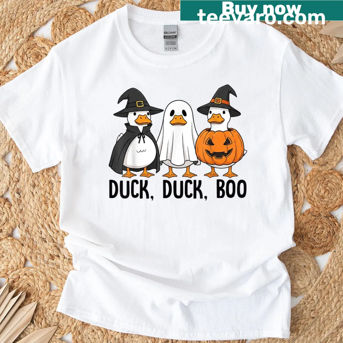 Funny retro Halloween shirt with 'Duck Duck Boo' text and duck illustrations — on a men's t-shirt