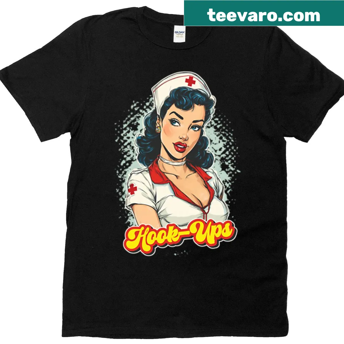 Funny t-shirt with Duk Fat Hook-ups phrase for nurses — on a men's t-shirt
