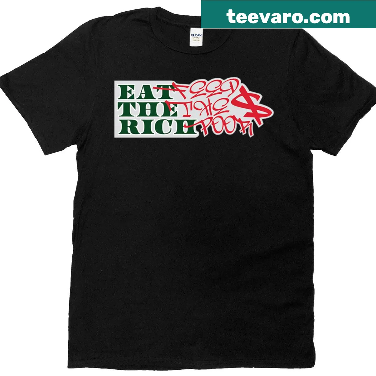 Bold graphic t-shirt with the phrase 'Eat The Rich' prominently displayed — on a men's t-shirt