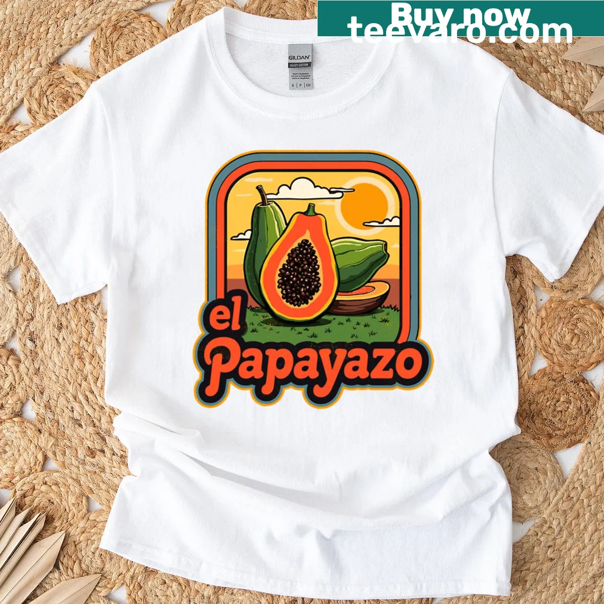 Vintage T-shirt featuring a retro papaya illustration — on a men's t-shirt