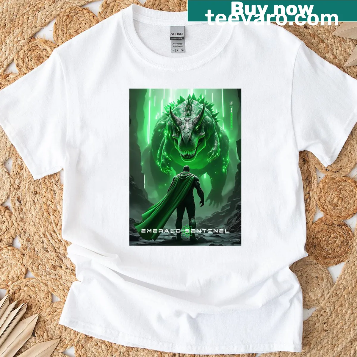 T-shirt featuring a dramatic scene of an emerald sentinel facing a giant dinosaur. — on a men's t-shirt