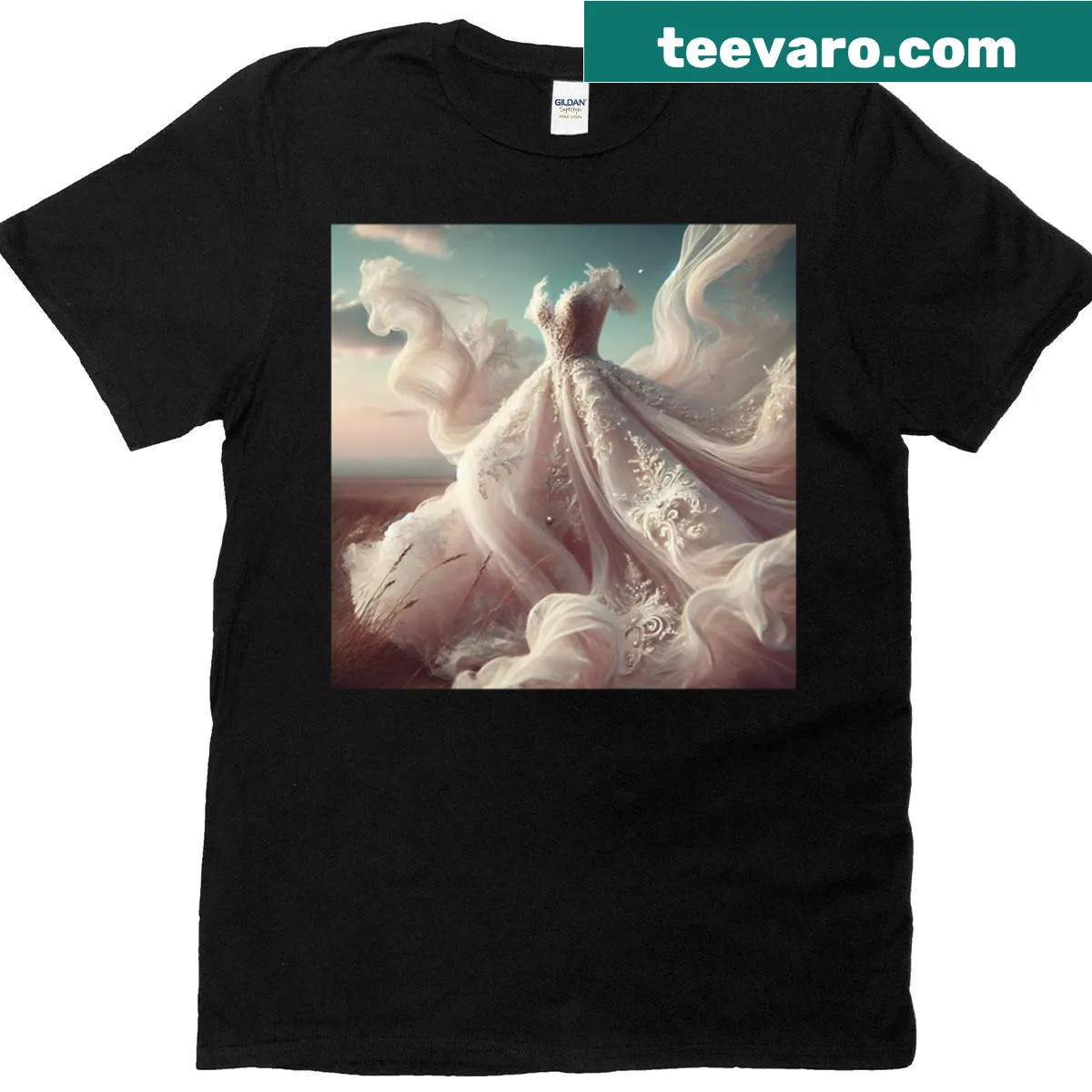 Illustration of a flowing wedding dress in a sunset on a T-shirt — on a men's t-shirt