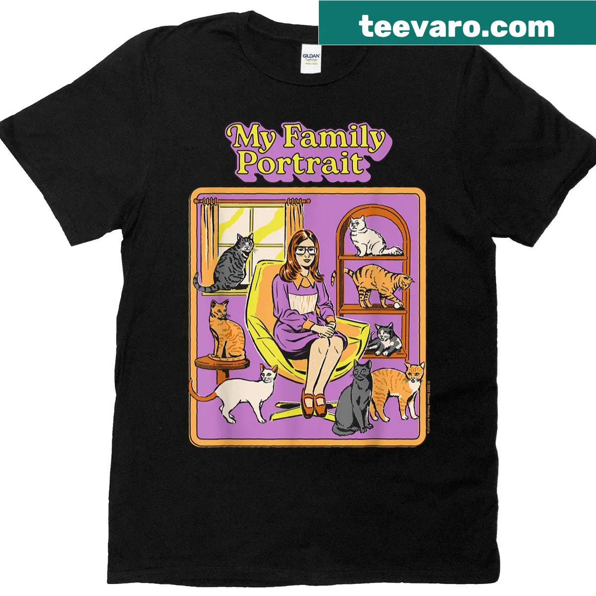 Retro-style T-shirt with a cat lady surrounded by cats — on a men's t-shirt