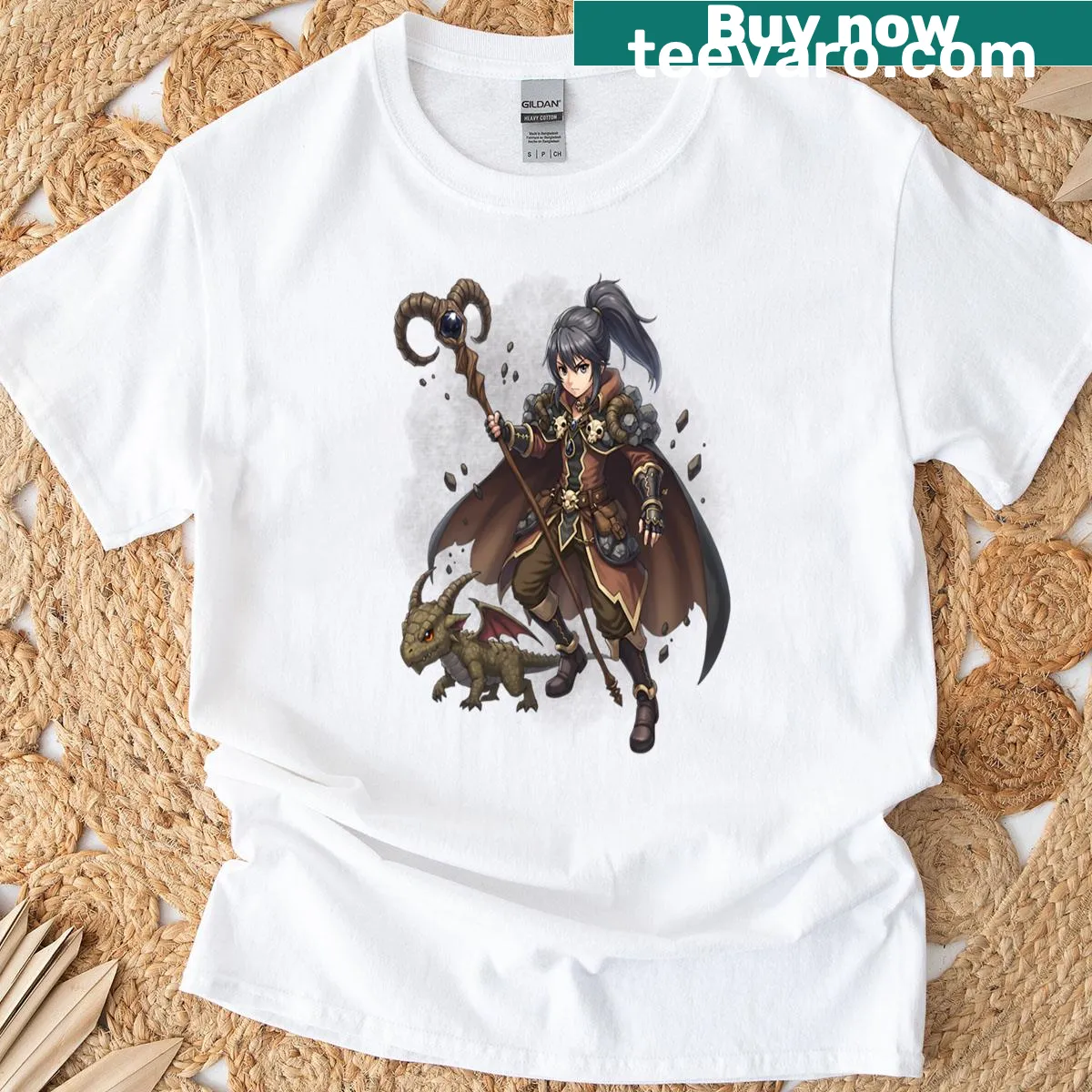 T-shirt featuring a Capricorn mage with a dragon in a fantasy illustration — on a men's t-shirt