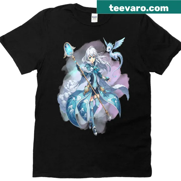 Illustrative mage conjuring clouds and waves on a fantasy t-shirt