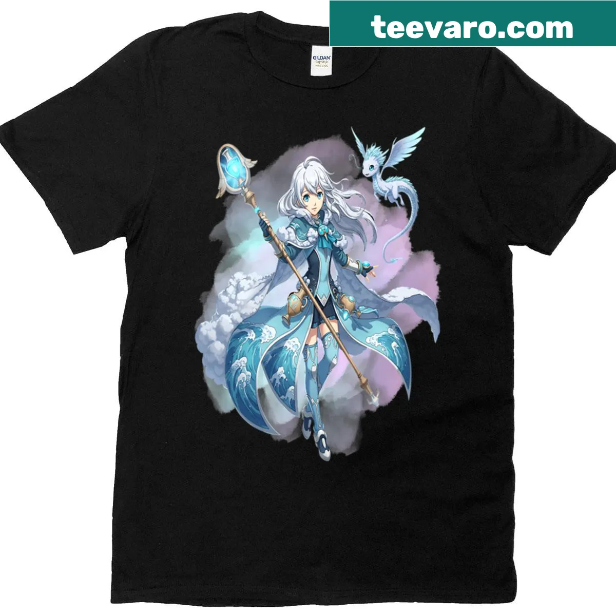 Illustrative mage conjuring clouds and waves on a fantasy t-shirt — on a men's t-shirt