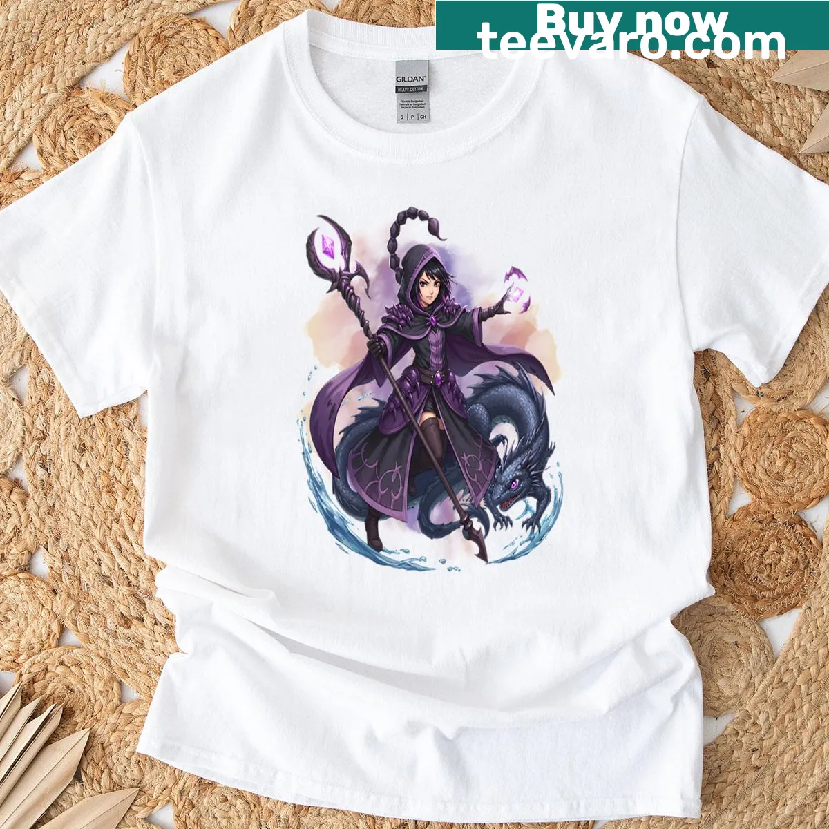 Fantasy mage illustration with dragon and scorpion tail — on a men's t-shirt