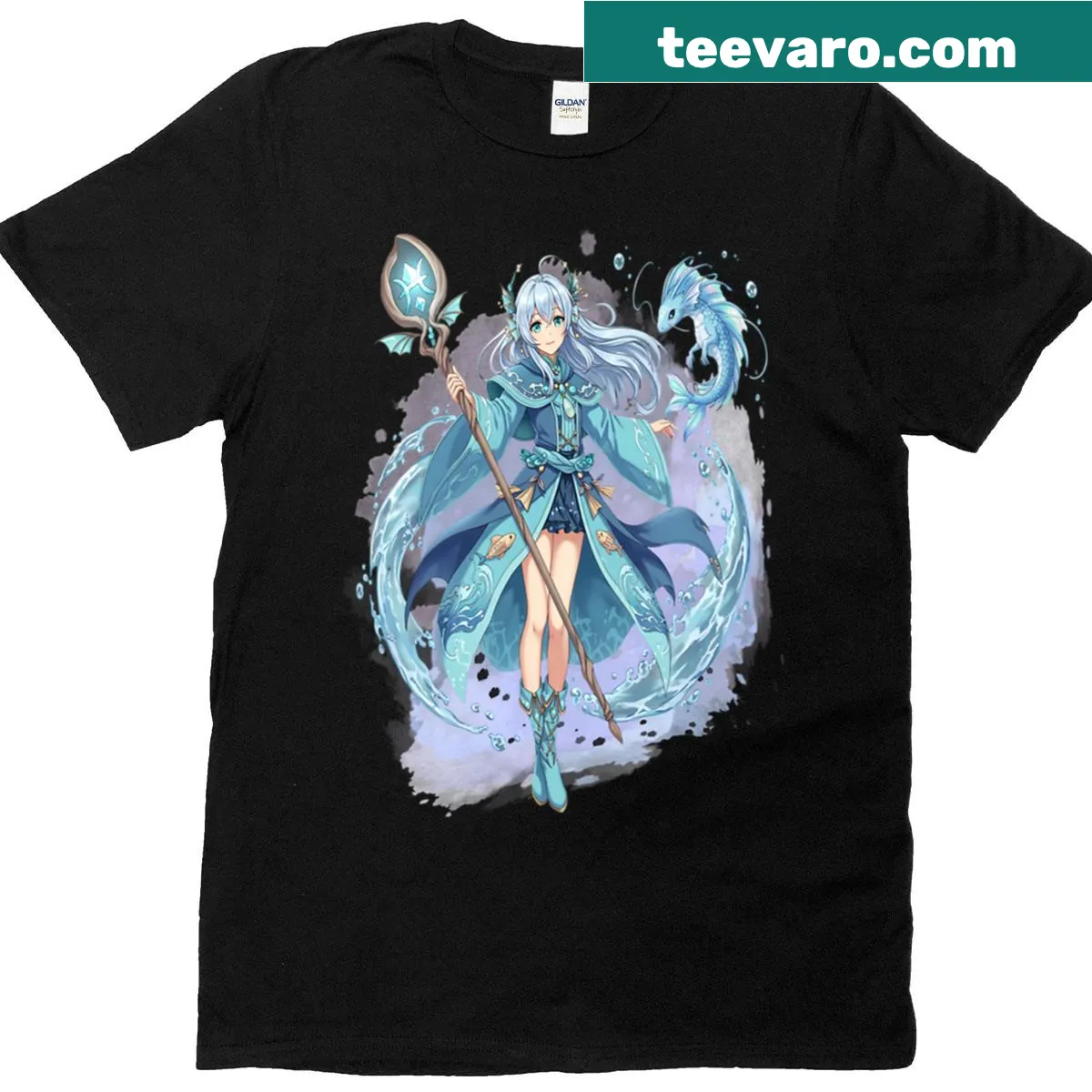 Fantasy T-shirt with a Pisces mage and water dragon illustration — on a men's t-shirt