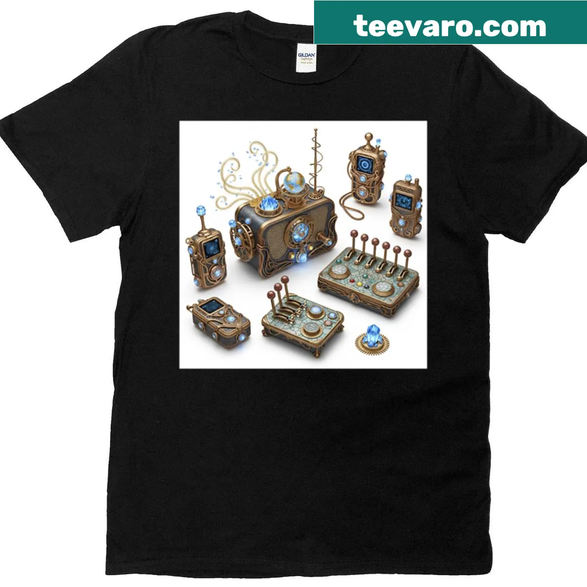 Steampunk electronics design with intricate gears on a T-shirt — on a men's t-shirt