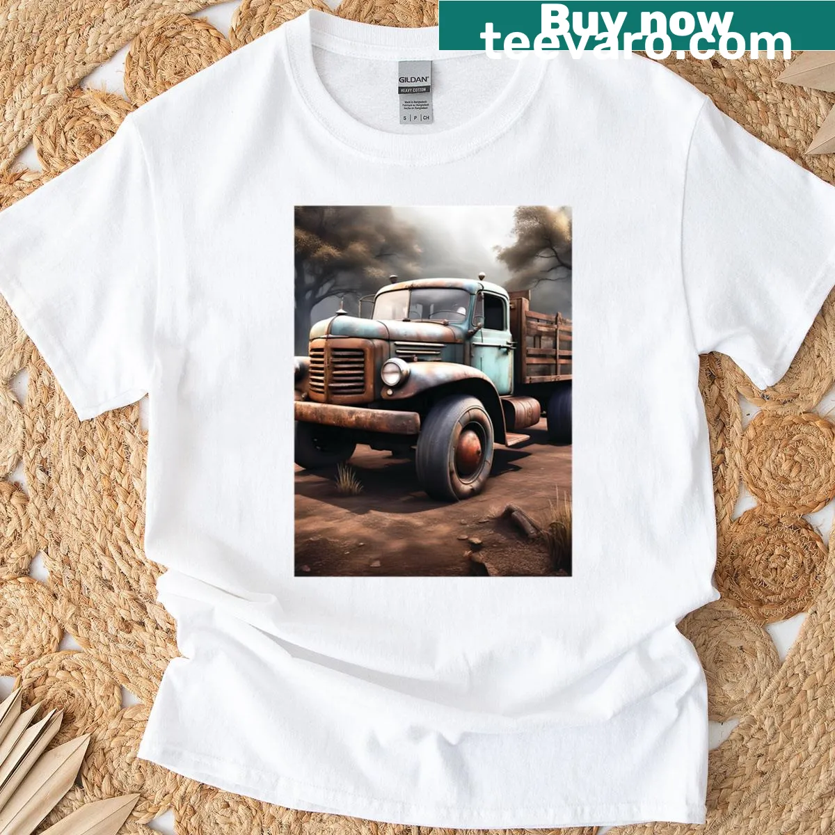 Illustration of a rustic white truck on a farm-themed T-shirt — on a men's t-shirt