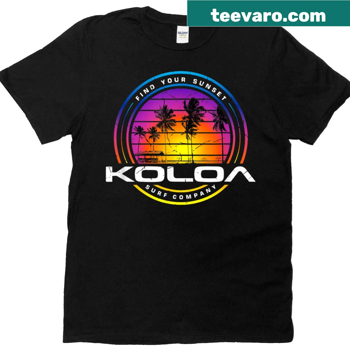 T-shirt with a logo design of palm trees and sunset — on a men's t-shirt