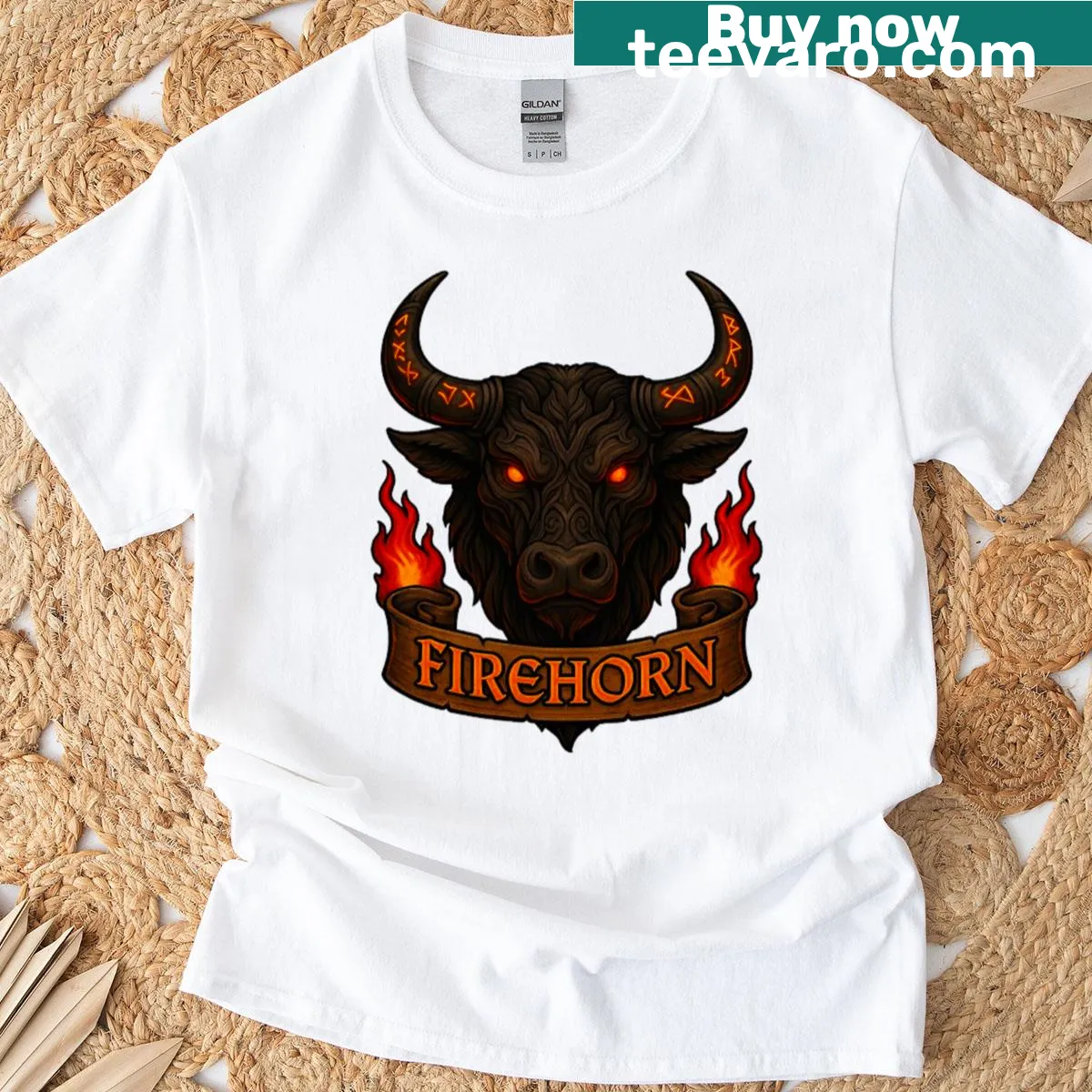 Tribal bull graphic engulfed in flames on a T-shirt — on a men's t-shirt
