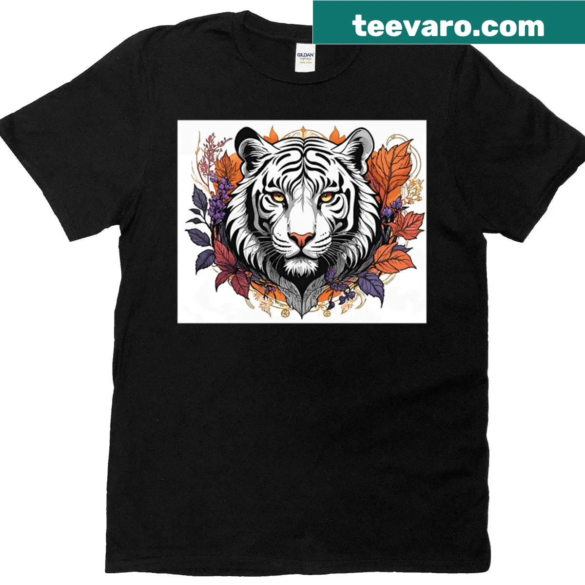 Floral design T-shirt featuring a white tiger illustration — on a men's t-shirt