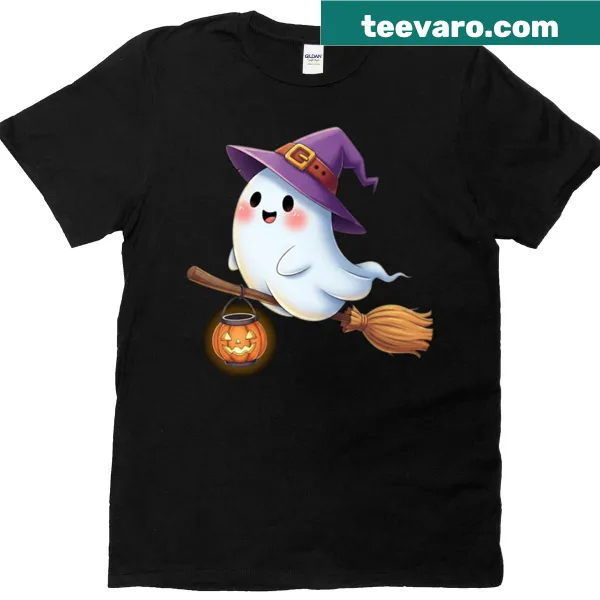 Cute T-shirt featuring a flying ghost in a witchy style