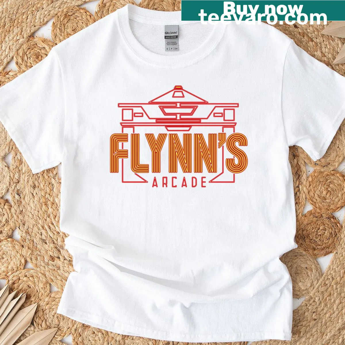 Retro T-shirt celebrating Flynn's Arcade with an emblem design. — on a men's t-shirt