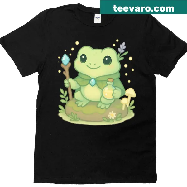 Kawaii frog wizard T-shirt with a frog holding a staff and elixir