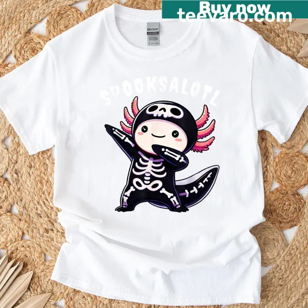 Funny Halloween T-shirt featuring a cartoon axolotl for kids