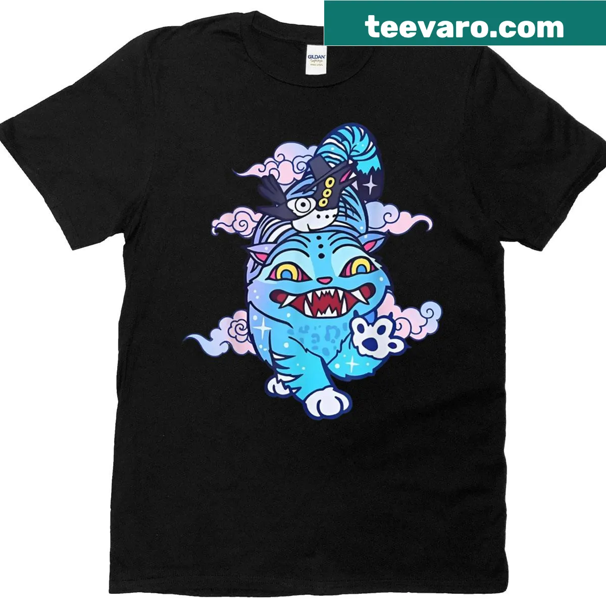 Cute T-shirt with a funny design of a blue tiger and a bird — on a men's t-shirt