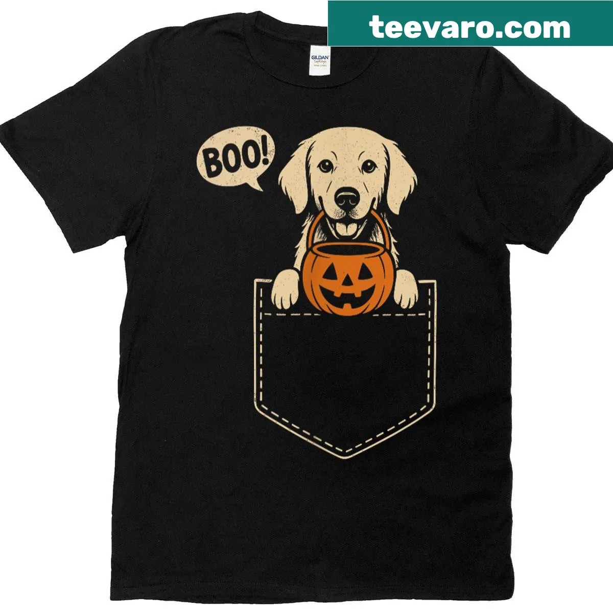 Cute golden retriever cartoon design on Halloween T-shirt — on a men's t-shirt