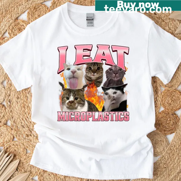 Bootleg graphic T-shirt with a cat meme about microplastics