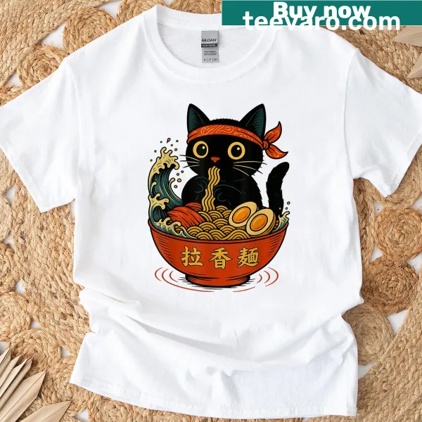 Cute cartoon cat in a bowl of ramen surrounded by waves