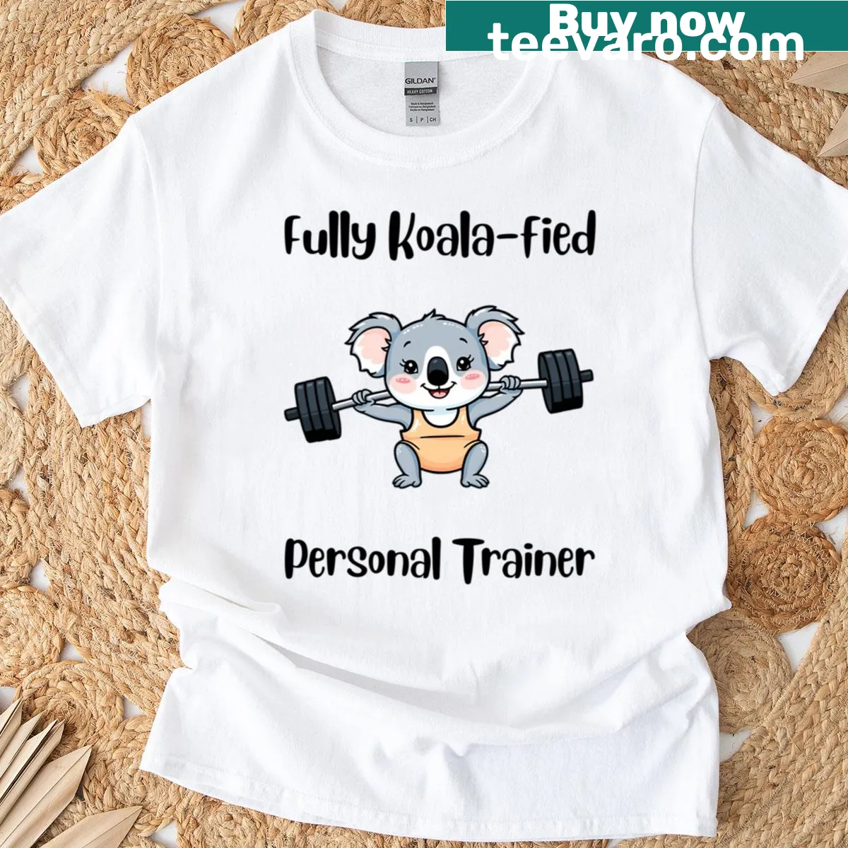Illustration of a weightlifting koala as a personal trainer — on a men's t-shirt