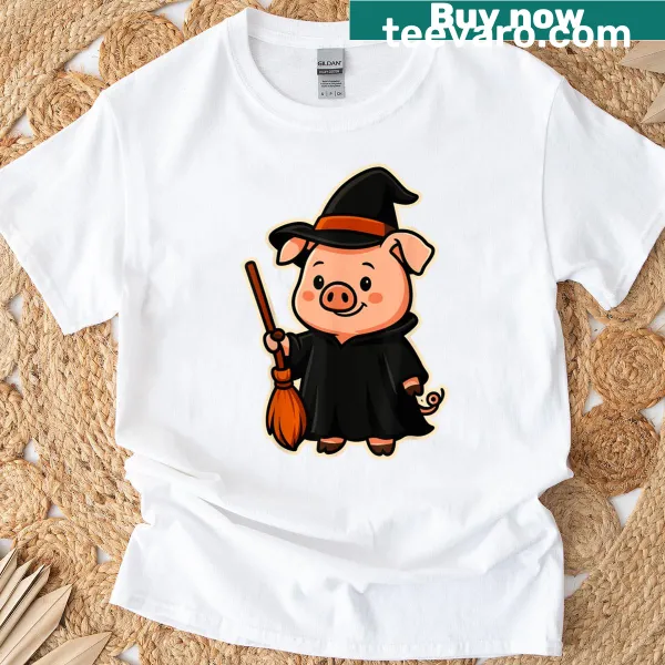 Funny Halloween T-shirt for kids featuring a pig dressed as a witch