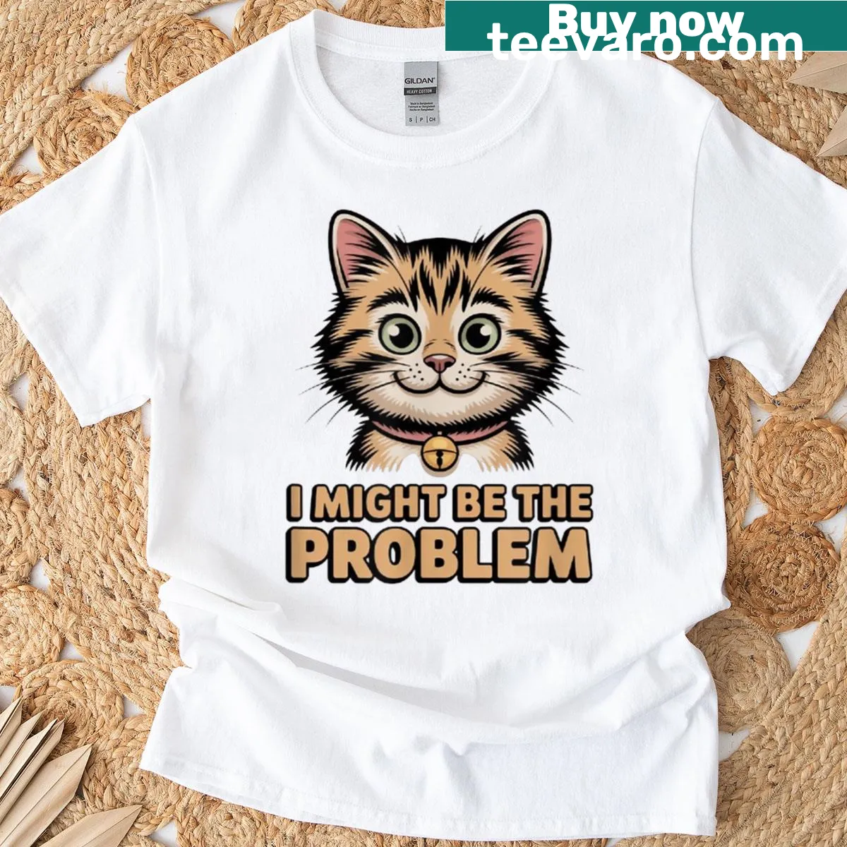 Cartoon kitten graphic with humorous text on a T-shirt — on a men's t-shirt