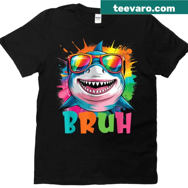 Funny shark graphic T-shirt featuring the bruh meme