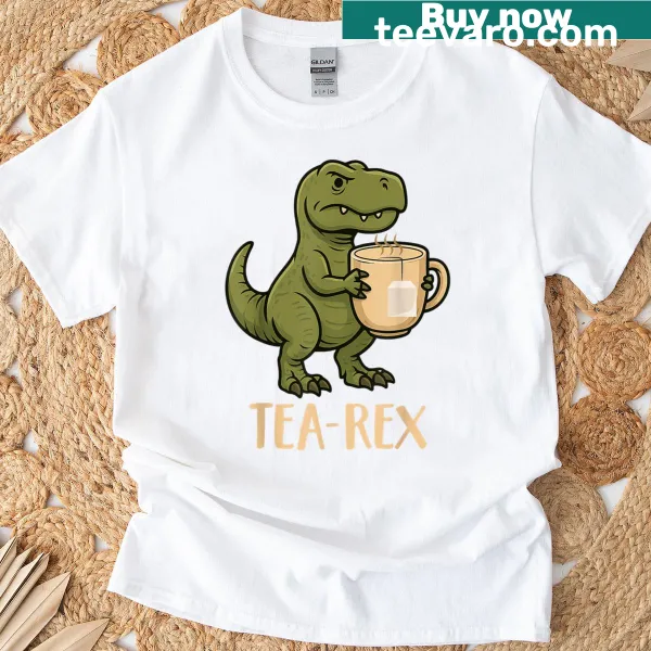 Cartoon T-rex dinosaur holding a cup of tea