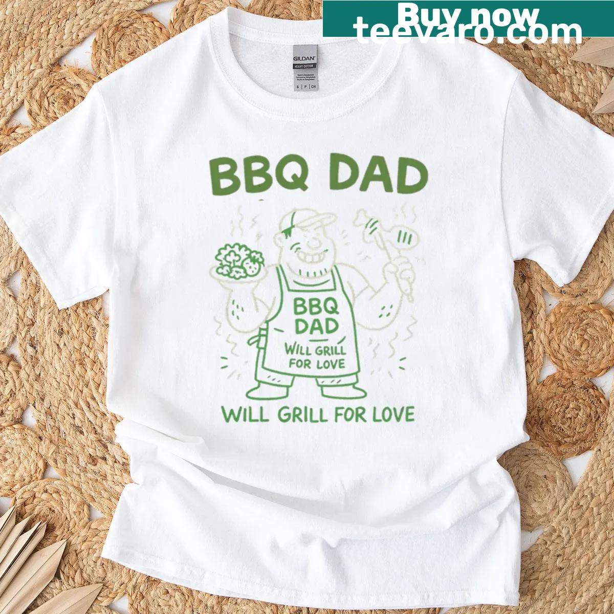 Humorous vegan BBQ T-shirt for dads with playful graphic — on a men's t-shirt