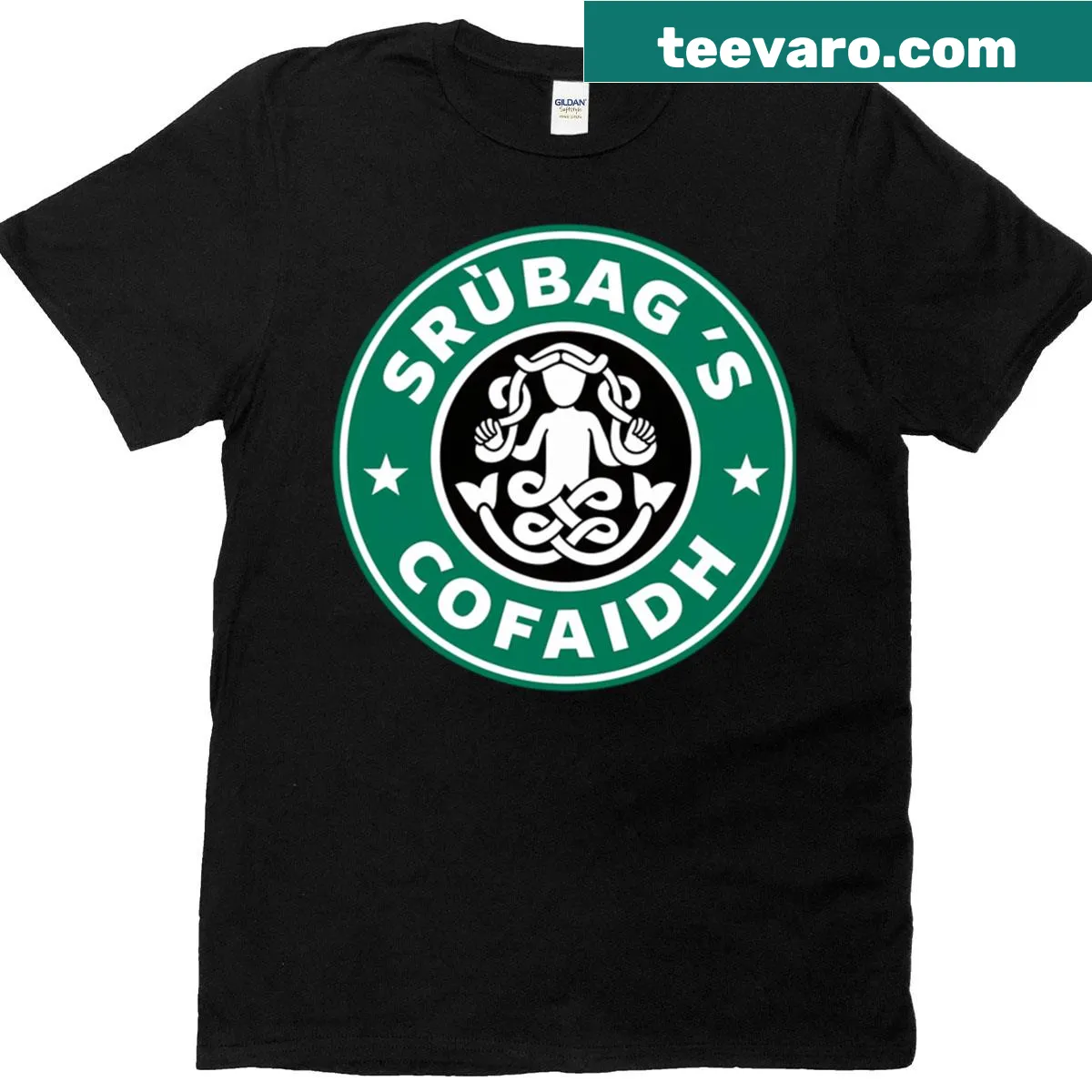 Playful parody design related to Gaelic coffee culture. — on a men's t-shirt