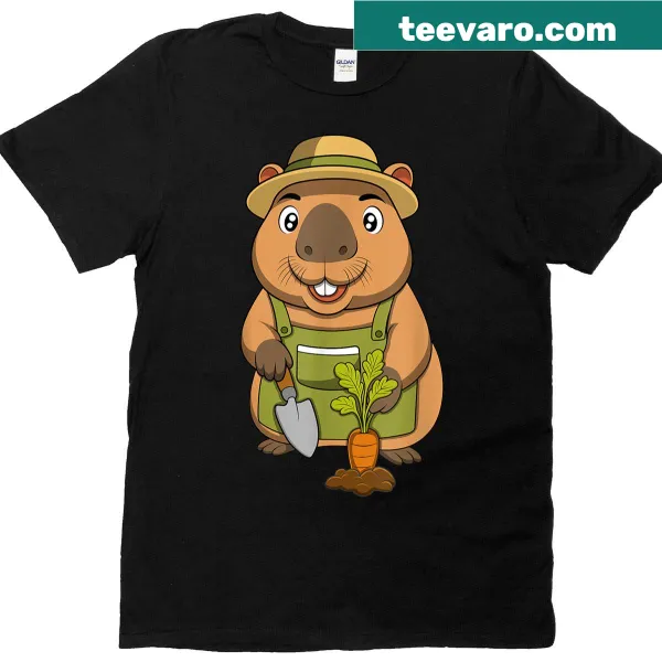 Cartoon capybara gardening graphic t-shirt
