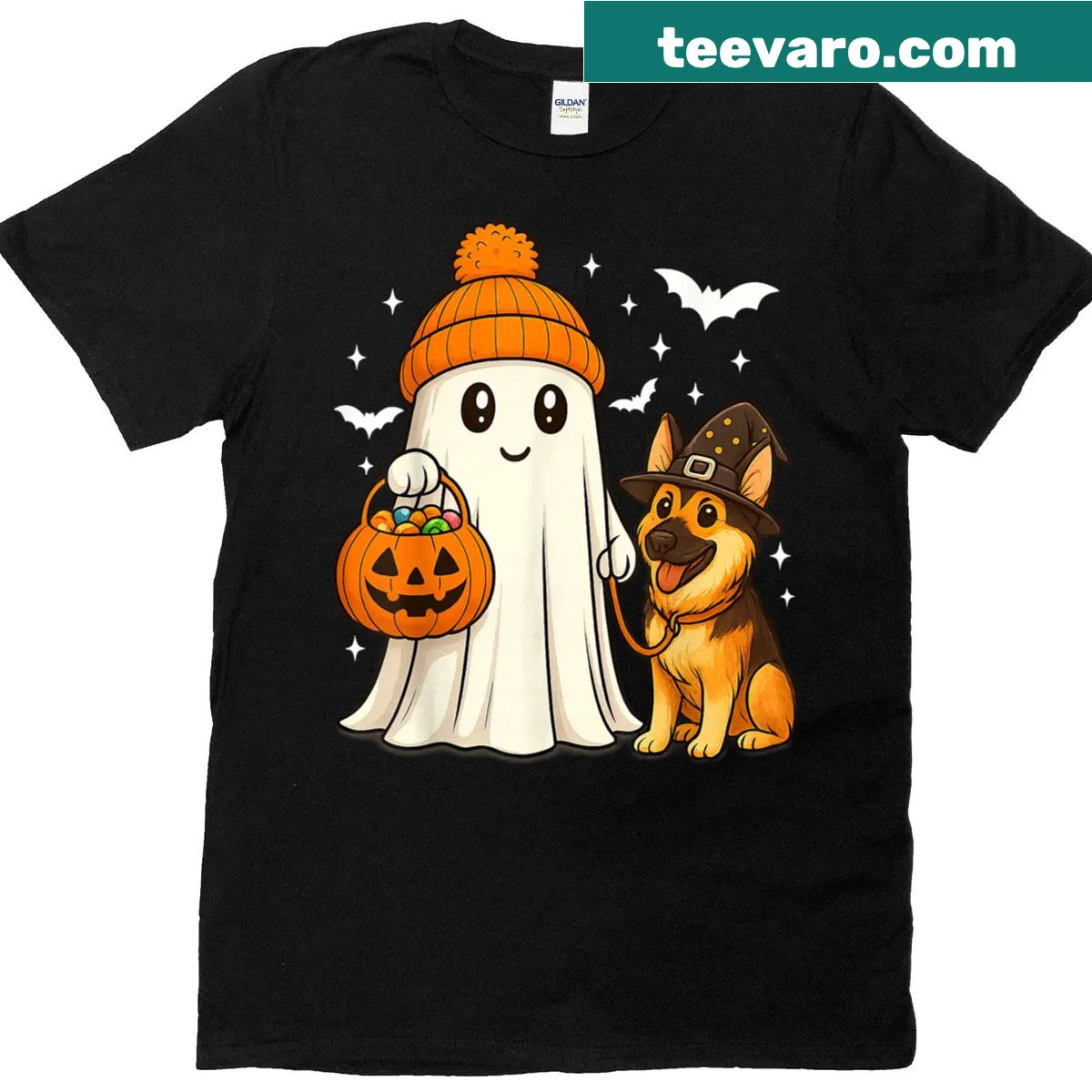 Ghost German Shepherd in costume for Halloween on T-shirt — on a men's t-shirt