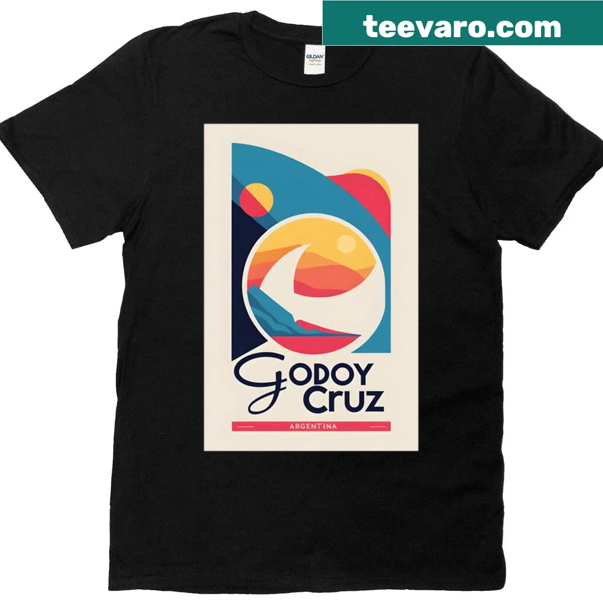 Vintage travel-themed T-shirt featuring Godoy Cruz, Argentina — on a men's t-shirt