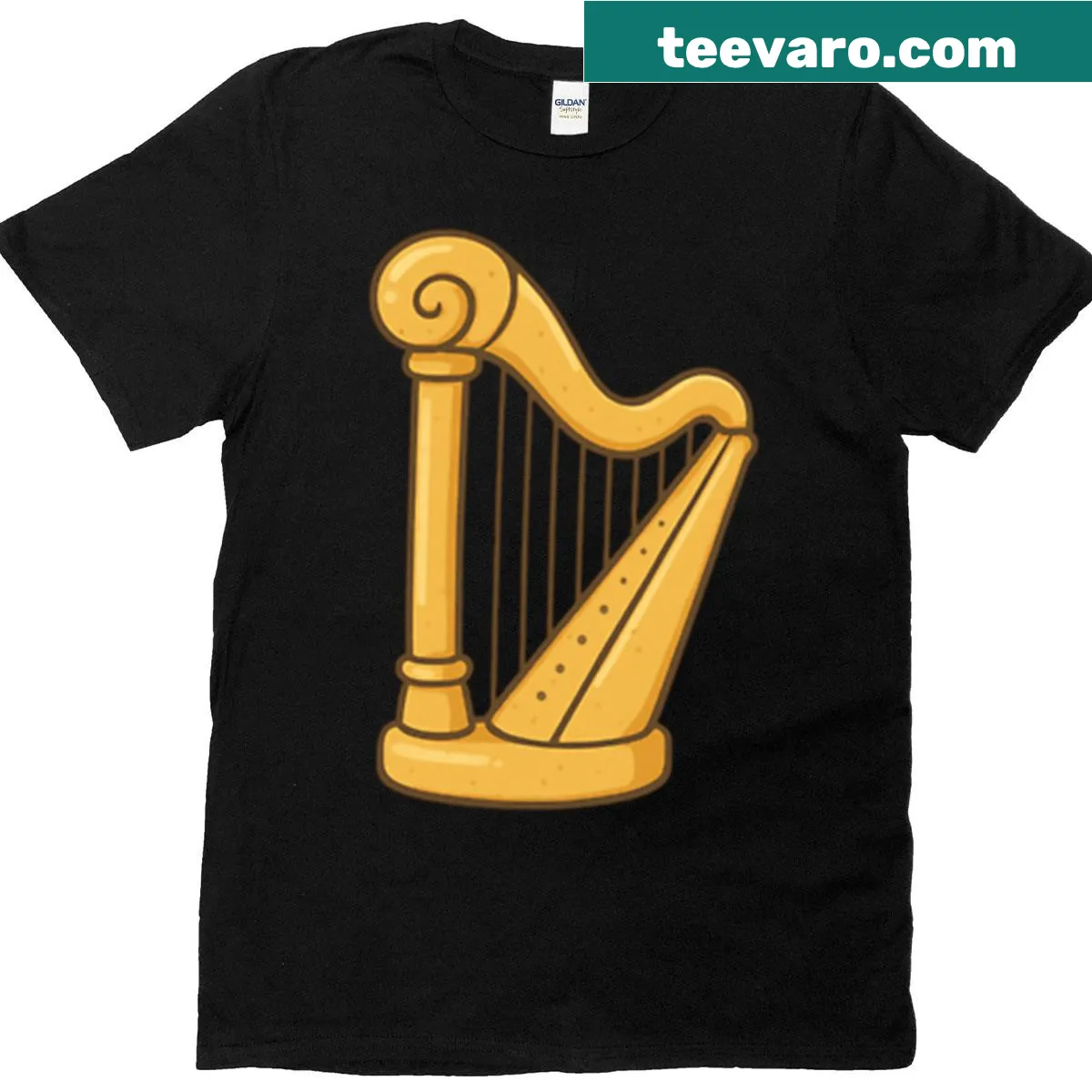 Vintage design featuring a golden harp graphic — on a men's t-shirt