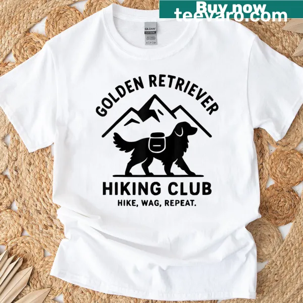Illustration of a golden retriever with hiking elements on a T-shirt