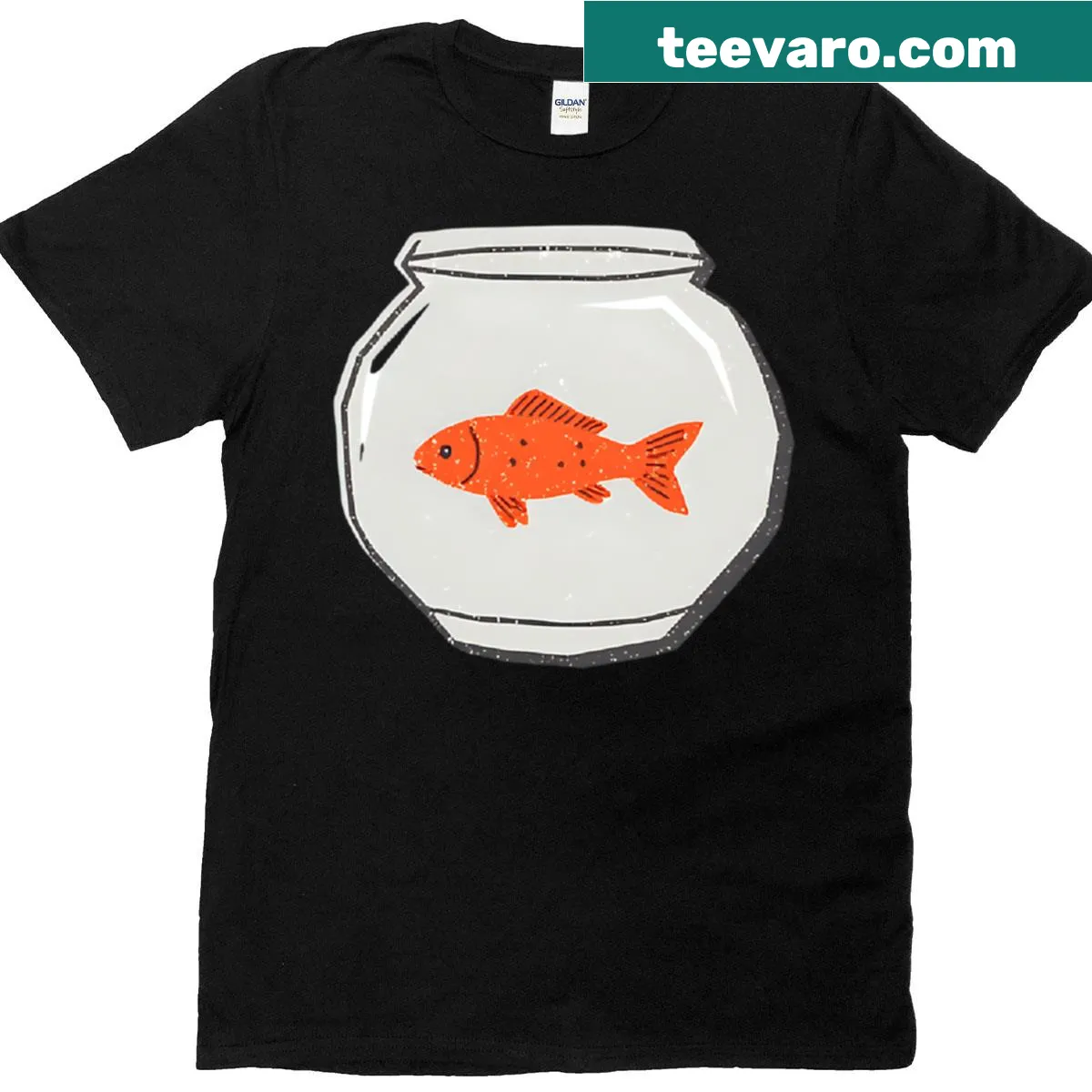 Minimalist design featuring a goldfish in a fishbowl — on a men's t-shirt