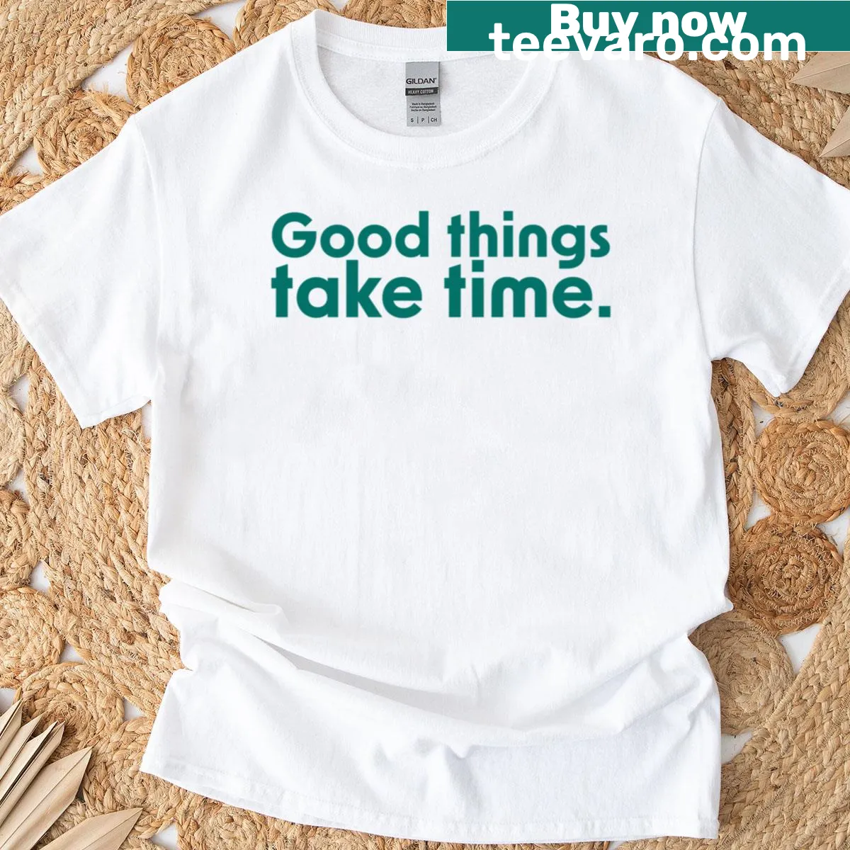 Inspirational T-shirt with the phrase 'Good Things Take Time' and a peacock — on a men's t-shirt