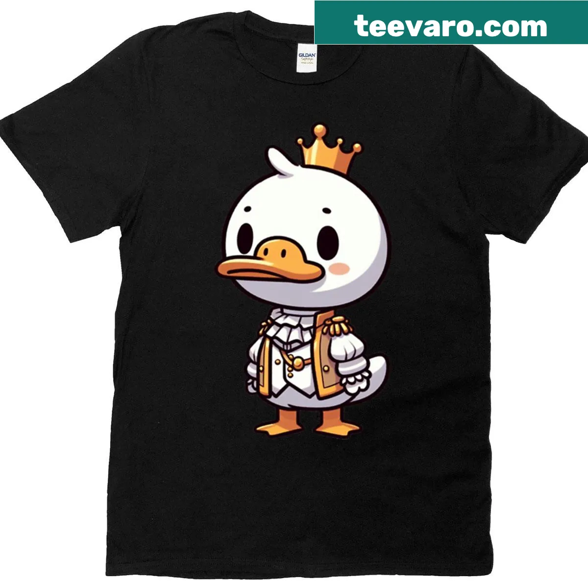 Goofy cartoon duck with puffy sleeves and a crown on a funny t-shirt — on a men's t-shirt