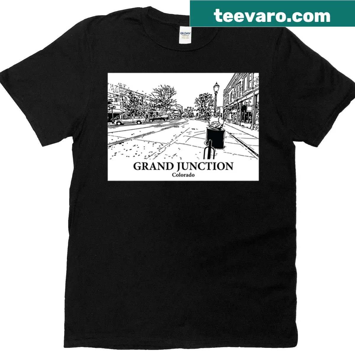 Illustrative design featuring Grand Junction, Colorado. — on a men's t-shirt