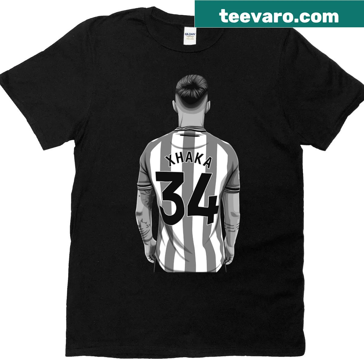 Minimalist badge design for Granit Xhaka in black and white. — on a men's t-shirt
