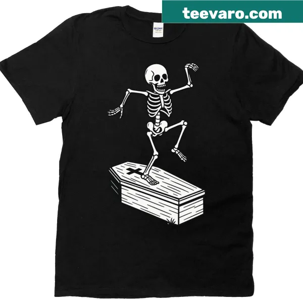 Playful skeletons dancing among tombstones on t-shirt
