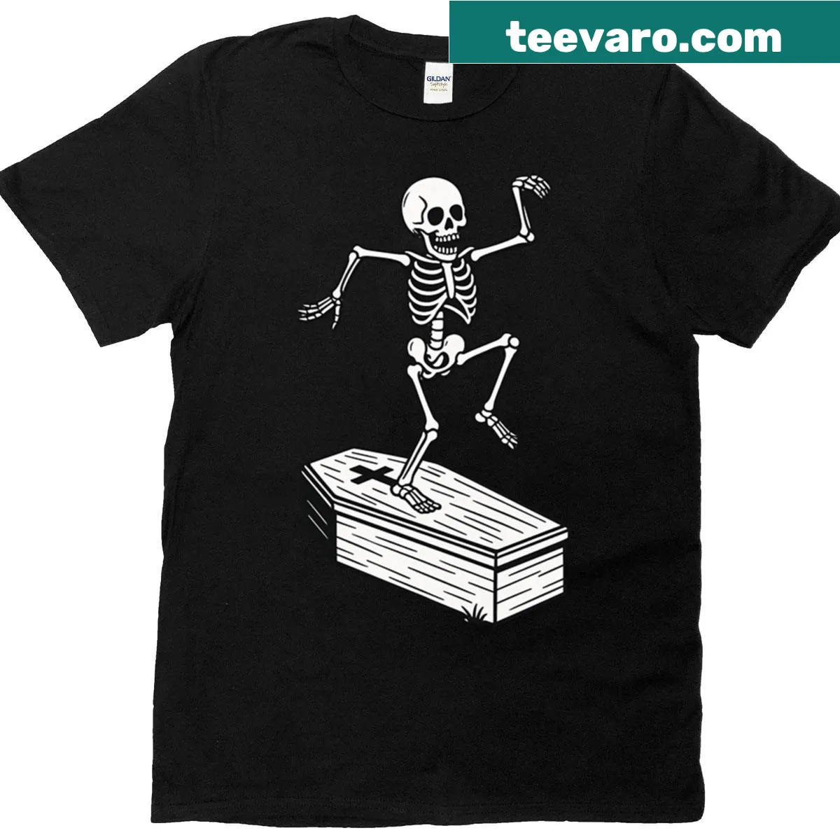 Playful skeletons dancing among tombstones on t-shirt — on a men's t-shirt
