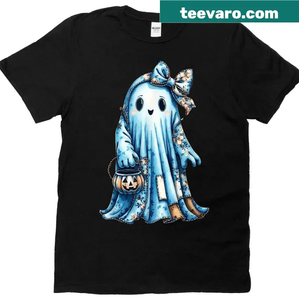 Floral and pumpkin-themed ghost graphic on a denim-style t-shirt