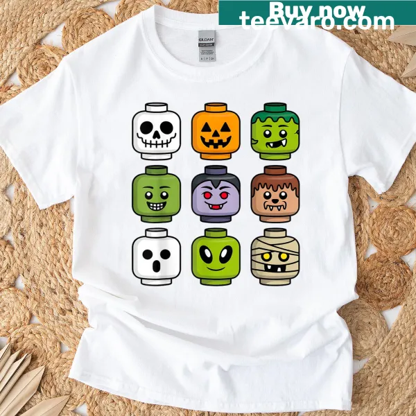 T-shirt featuring building block style pumpkin, ghost, and zombie