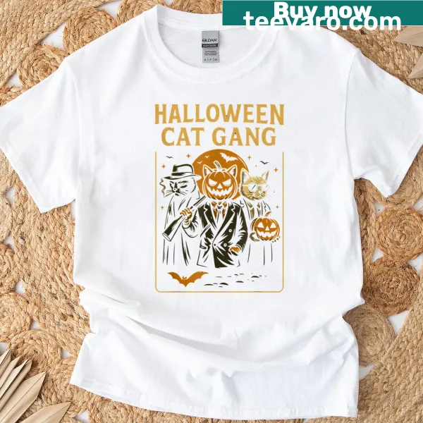 Vintage Halloween Cat Gang tee with mafia cats in a spooky design.