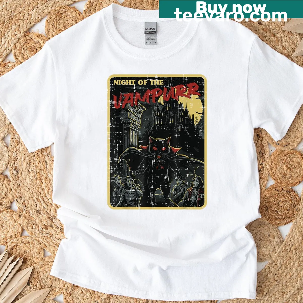 Whimsical Halloween t-shirt featuring a cat in a vampire costume — on a men's t-shirt