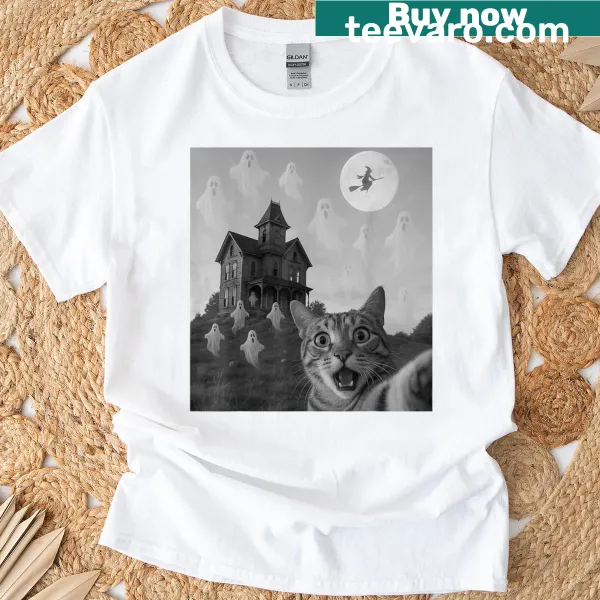 Funny Halloween cat selfie graphic on a spooky T-shirt